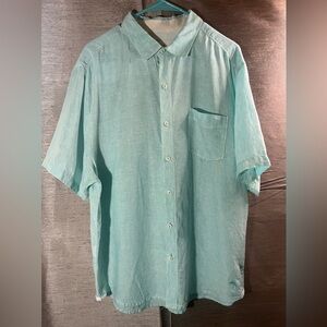TOMMY BAHAMA TEAL 100% linen shirt with logo on hem. Size L